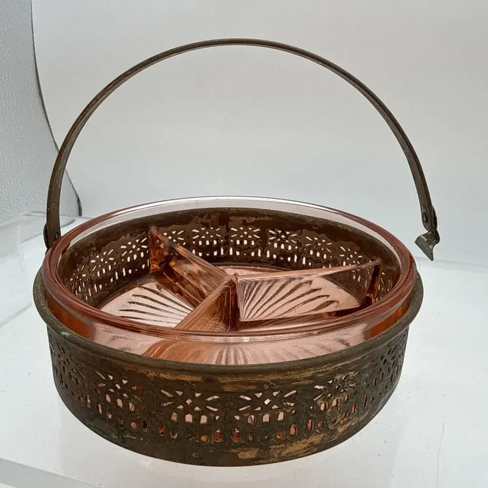 1930s Pink Depression Glass Divided Relish Candy Snack Dish in Copper Basket ⬇️